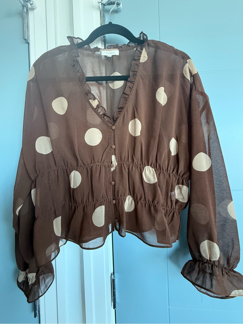 WORN ONCE Parker Brown Polka Dot Sheer Peasant Women’s Blouse - M
